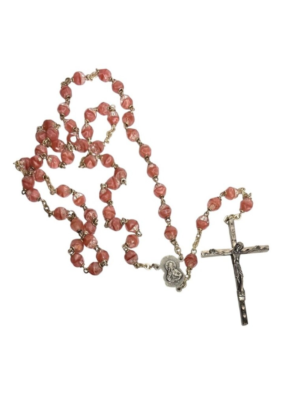 Vintage Rosary Italy INRI Crucifix Pink Glass Bead Religious Prayer Necklace 21"